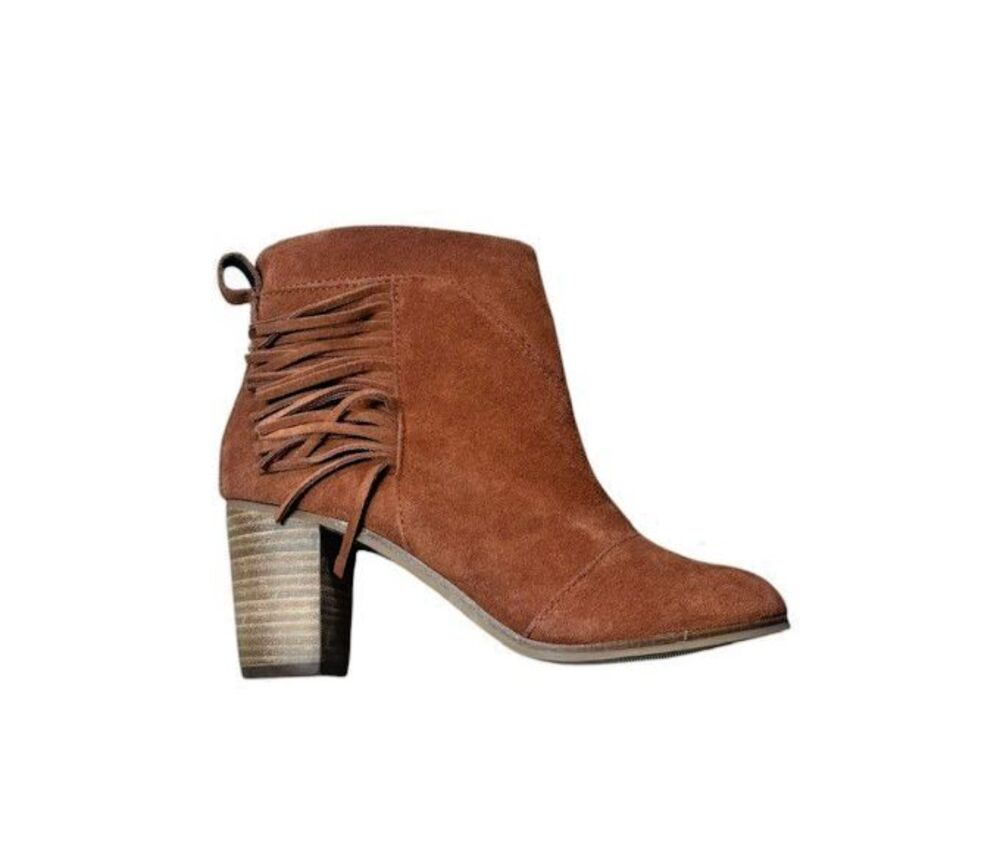 Toms Lunata Booties Ankle Boots Cognac Suede Fringe Womens Size 7.5 Side Zipper